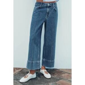 ZARA Wide Leg Cropped Jeans Front Seam High Rise Light Wash Blue Z1975